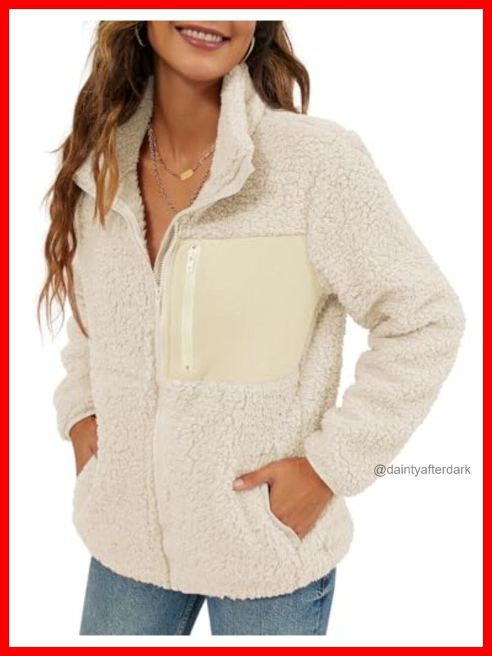 Faux Shearling Full Zip Winter Coat Warm Patchwork Jacket Pockets